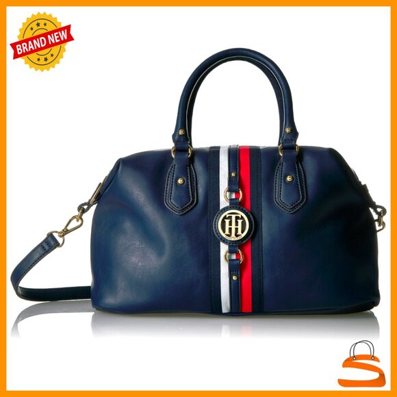 Adjustable Vegan Leather Crossbody Satchel with Top Handles and Interior Pockets